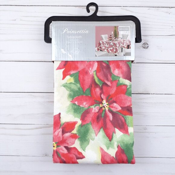 Fabric Tablecloth Christmas Poinsettia Flowers 52x70 Holiday - Picture 2 of 3